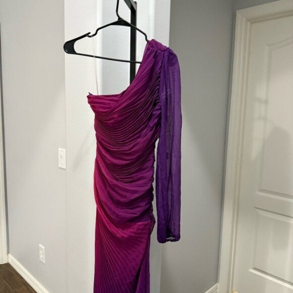 ROCOCO SAND One Shoulder Purple Pink Pleated Ombré Dress Size XS High Slit - Picture 3 of 9